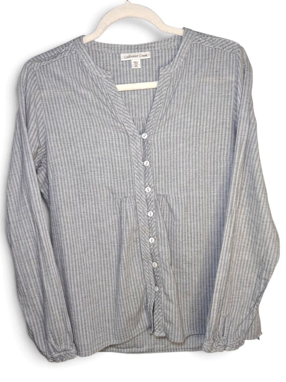 Coldwater Creek Striped 100% Cotton Gauze Blouse Split V-Neck Boho Top Grey M